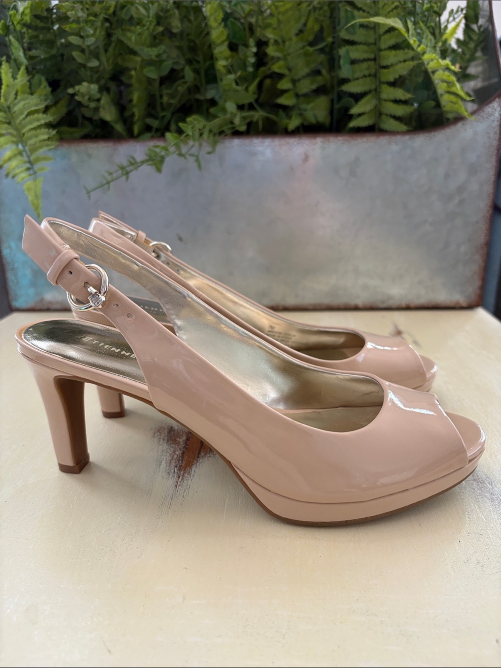 Etienne Aigner Sling Back Faux Leather Womens 7 Odelia Shoes High Heels Nude - Picture 2 of 7